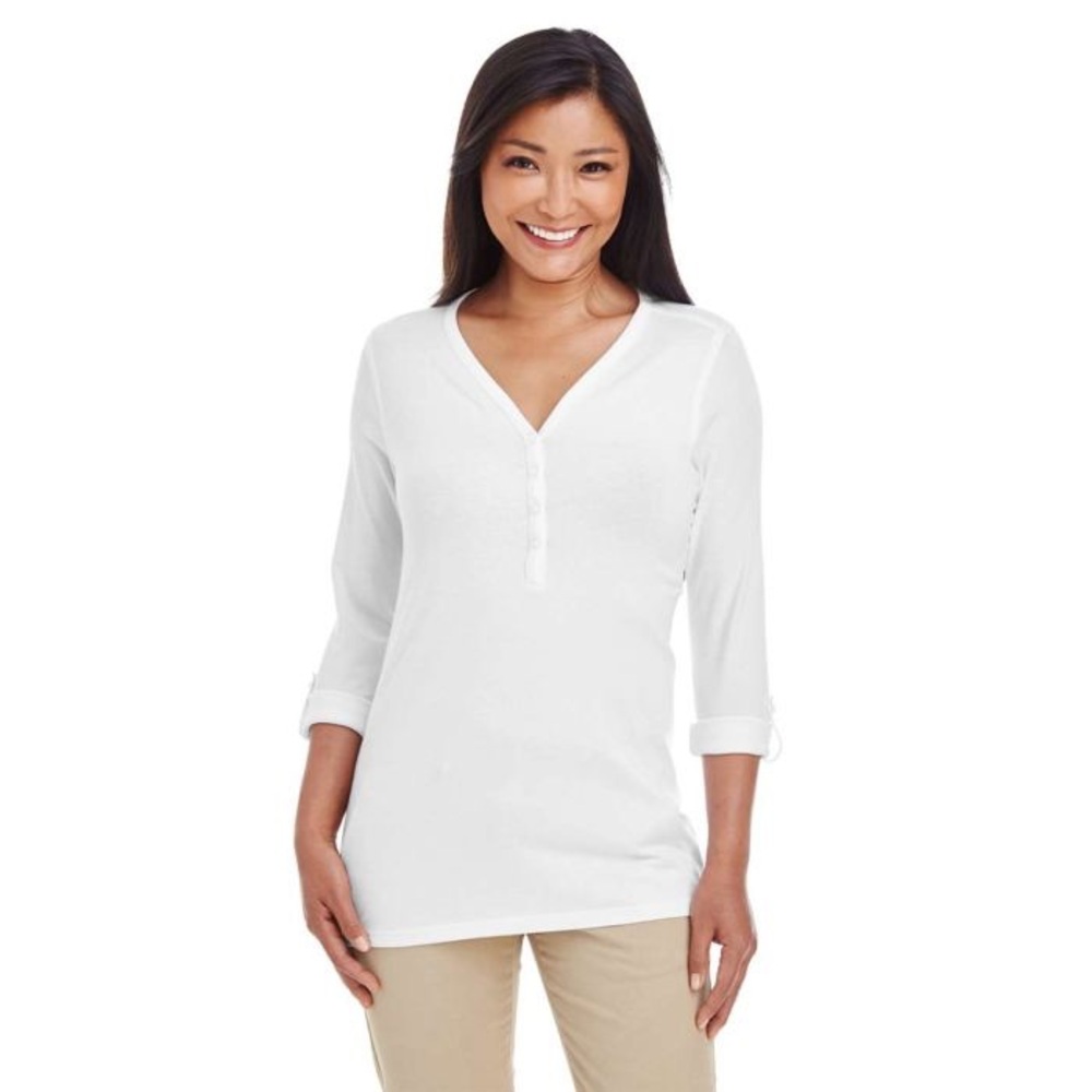 Devon & Jones Convertible Sleeve Knit Top with Four Button Placket